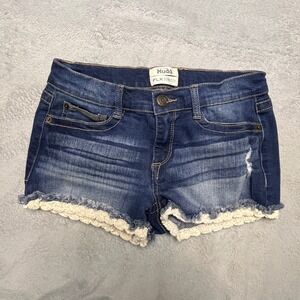 Mudd Dark Blue Denim Shorts with Cream Lace Hem